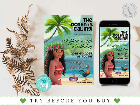 Editable Moana Birthday Invitation, Printable Baby Moana Birthday Invite, Kids Party Template, Invite in Corjl, Instant Download