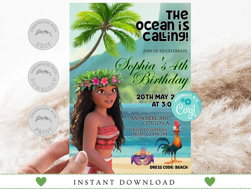 Editable Moana Birthday Invitation, Printable Baby Moana Birthday Invite, Kids Party Template, Invite in Corjl, Instant Download