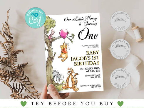 Editable Winnie the Pooh Birthday Invitation, Classic Pooh Bear Invitation, Winnie Pooh Birthday Party Invite for Any Age and Any Gender