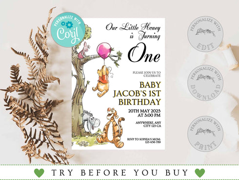 Editable Winnie the Pooh Birthday Invitation, Classic Pooh Bear Invitation, Winnie Pooh Birthday Party Invite for Any Age and Any Gender