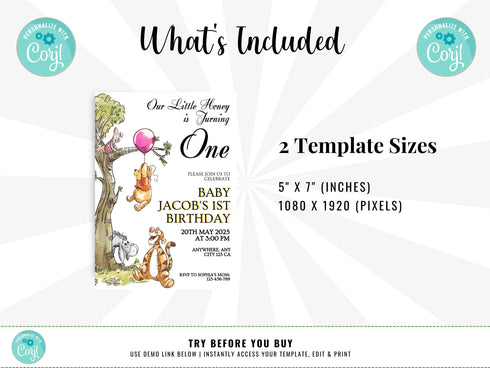 Editable Winnie the Pooh Birthday Invitation, Classic Pooh Bear Invitation, Winnie Pooh Birthday Party Invite for Any Age and Any Gender