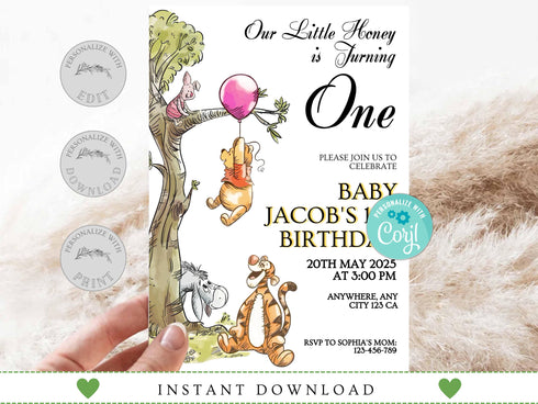 Editable Winnie the Pooh Birthday Invitation, Classic Pooh Bear Invitation, Winnie Pooh Birthday Party Invite for Any Age and Any Gender