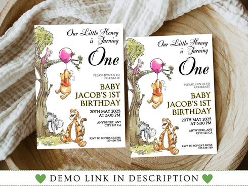 Editable Winnie the Pooh Birthday Invitation, Classic Pooh Bear Invitation, Winnie Pooh Birthday Party Invite for Any Age and Any Gender