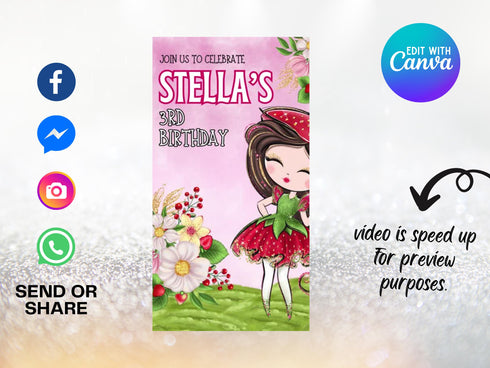 Editable Strawberry Berry 3rd Birthday Party Invitation Card Template, Digital Strawberry 3rd Birthday Invite, Electronic Party Mobile
