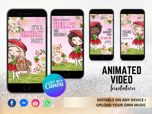 Editable Strawberry Berry 3rd Birthday Party Invitation Card Template, Digital Strawberry 3rd Birthday Invite, Electronic Party Mobile