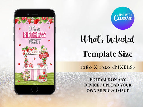 Strawberry Phone 3rd Birthday Invitation, Strawberry 3rd Birthday Electronic Evite, Strawberry 3rd Birthday Invite, Digital Berry Birthday