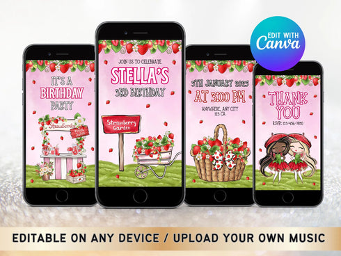 Strawberry Phone 3rd Birthday Invitation, Strawberry 3rd Birthday Electronic Evite, Strawberry 3rd Birthday Invite, Digital Berry Birthday
