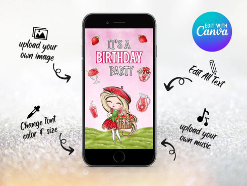 Strawberry Birthday Invitation, Berry 3rd Birthday Evite Template, Strawberry Birthday Evite, Strawberry Digital Invitation Text Invitation