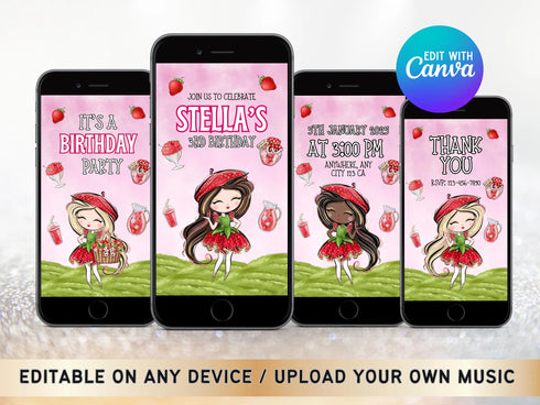 Strawberry Birthday Invitation, Berry 3rd Birthday Evite Template, Strawberry Birthday Evite, Strawberry Digital Invitation Text Invitation