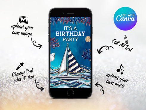 Stormy Sea Birthday Video Invitation, Animated Ocean Theme Party Invitation, Stormy Sea Kids Birthday Party Phone Video Text Evite, Canva