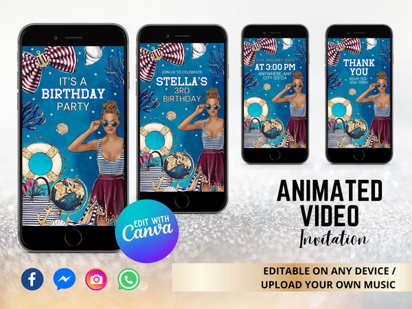 Stormy Sea Birthday Video Invitation, Kids Birthday Party Video Evite, Animated Sea Video Theme Party Invitation, Canva