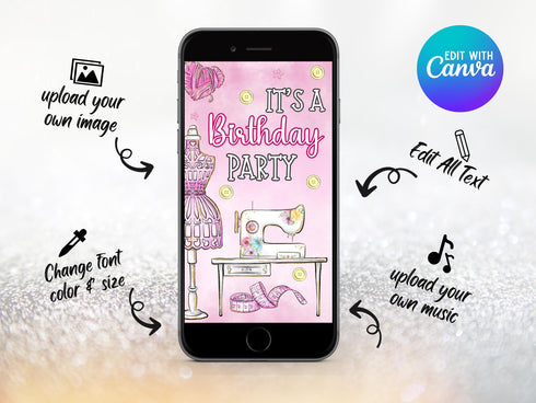 Animated Sewing Birthday Party Invitations, Sewing Video Invitation, Sewing Machine Invitations, Sew Theme Birthday, Sewing Party Invite