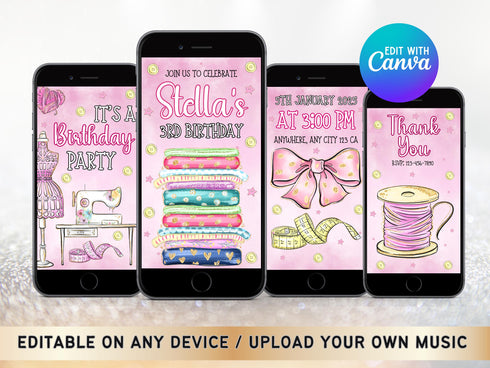 Animated Sewing Birthday Party Invitations, Sewing Video Invitation, Sewing Machine Invitations, Sew Theme Birthday, Sewing Party Invite