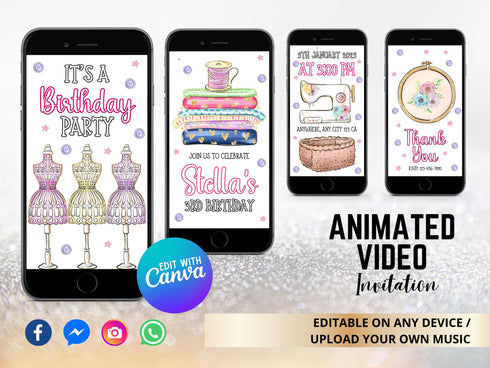 Sewing Video Invitation, Sew Theme Birthday, Sewing Party Invite, Sewing Machine Invitations, Animated Sewing Birthday Party Invitations