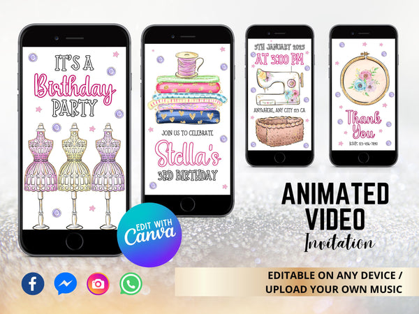 Sewing Video Invitation, Sew Theme Birthday, Sewing Party Invite, Sewing Machine Invitations, Animated Sewing Birthday Party Invitations