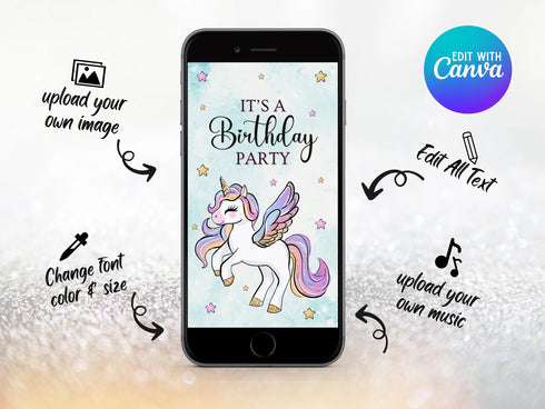 Unicorn Birthday Invitation, Unicorn Party Invite, Unicorn Video Party, Editable Invitation, Video Invitation Template, Girl Birthday