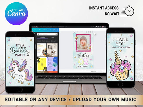 Unicorn Birthday Invitation, Unicorn Party Invite, Unicorn Video Party, Editable Invitation, Video Invitation Template, Girl Birthday