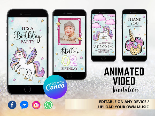 Unicorn Birthday Invitation, Unicorn Party Invite, Unicorn Video Party, Editable Invitation, Video Invitation Template, Girl Birthday
