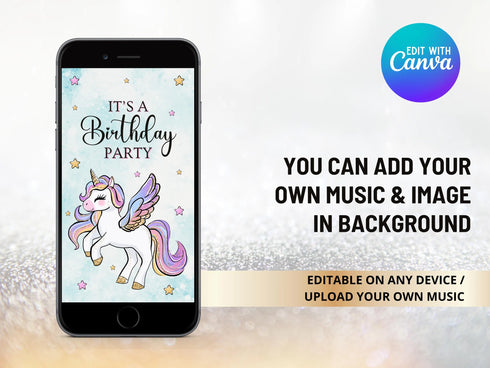 Unicorn Birthday Invitation, Unicorn Party Invite, Unicorn Video Party, Editable Invitation, Video Invitation Template, Girl Birthday