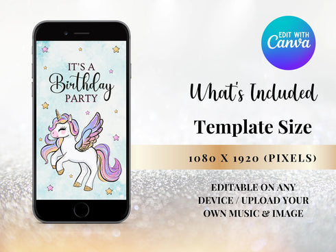 Unicorn Birthday Invitation, Unicorn Party Invite, Unicorn Video Party, Editable Invitation, Video Invitation Template, Girl Birthday