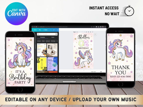 Unicorn Birthday Invitation, Unicorn Party Invite, Rainbow Unicorn Party, Editable Invitation, Video Invitation Template, Girl Birthday