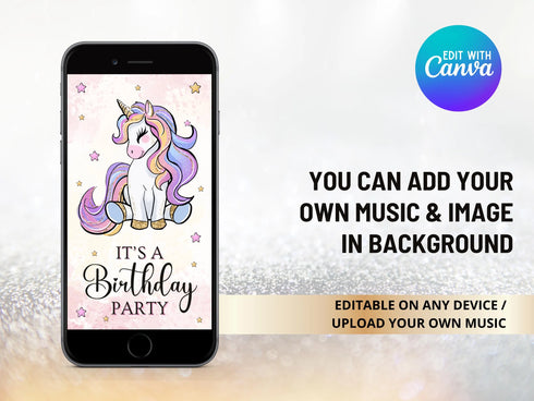 Unicorn Birthday Invitation, Unicorn Party Invite, Rainbow Unicorn Party, Editable Invitation, Video Invitation Template, Girl Birthday