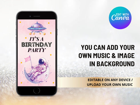 Space Pink Birthday Invitation Video, Space Astronaut Invitation, Birthday Astronaut, Outer Space Birthday Video Invitation, Rocket Evite