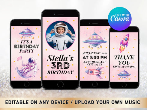 Space Pink Birthday Invitation Video, Space Astronaut Invitation, Birthday Astronaut, Outer Space Birthday Video Invitation, Rocket Evite