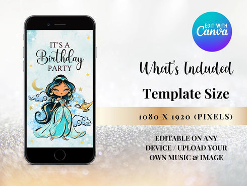 Princess Jasmine Birthday Invitation, Princess Jasmine Video Invitation, Party Invites, Birthday Invitations, Jasmine Video Invitation