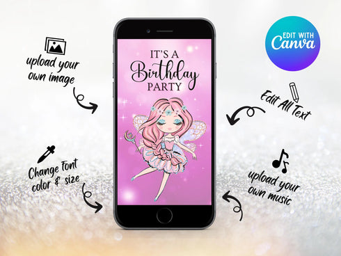 Editable Fairy Birthday Video Invitation Template, Animated Invite, Fairy Birthday Party, Girl Birthday, Fairy Themed Party, Canva