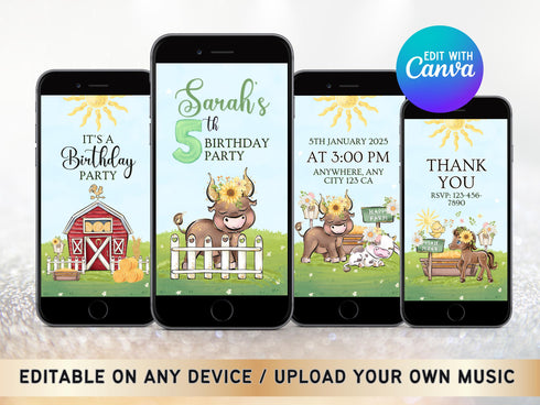 Farm Birthday Video Invitation Template, Farm Theme Birthday Party Animated Invite, Girl Invitation, Barnyard Birthday Digital Evite
