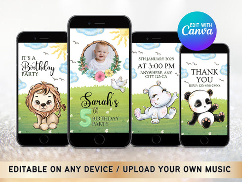 Animals Birthday Video Invitation, Cute Animated Jungle Birthday Video Invite, Birthday Video Template, Digital Animals Birthday Card