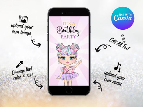 Pink Doll Party Video Invitation, Pink Doll Birthday Video Invitation, Pink Girl Birthday Party Video Invitation, Doll Party Invitation