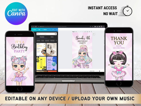 Pink Doll Party Video Invitation, Pink Doll Birthday Video Invitation, Pink Girl Birthday Party Video Invitation, Doll Party Invitation