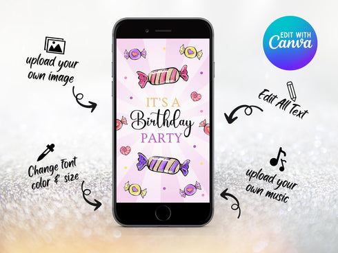 Candies Birthday Video Invitation, Editable Candy Land Party Invite, Candy Party Animated Invitation Template, Kids Animated Invitation