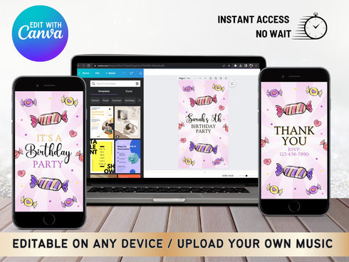 Candies Birthday Video Invitation, Editable Candy Land Party Invite, Candy Party Animated Invitation Template, Kids Animated Invitation
