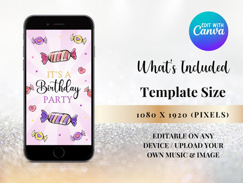 Candies Birthday Video Invitation, Editable Candy Land Party Invite, Candy Party Animated Invitation Template, Kids Animated Invitation