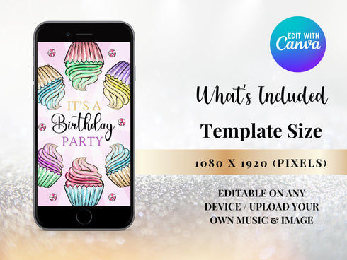 Editable Cupcake Birthday Party Digital Video Invite, Cupcake Decorating Party Invitation, Cupcake Party Animated Invitation, Sweet Desserts