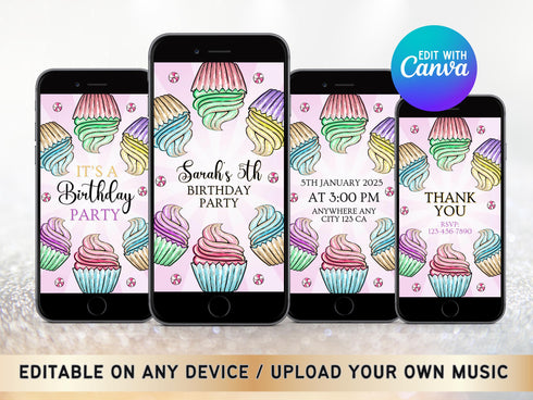 Editable Cupcake Birthday Party Digital Video Invite, Cupcake Decorating Party Invitation, Cupcake Party Animated Invitation, Sweet Desserts
