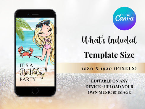 Editable Beach Party Invitation, Beach Digital Invitation Video, Video Invite, Beach Invitation, Beach Birthday Party Animated Invitation
