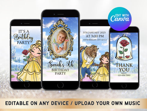 Beauty and the Beast, Beauty and the Beast Invitation, Video Invitation, Princess Invitation, Princess Birthday Video Invitation, Canva