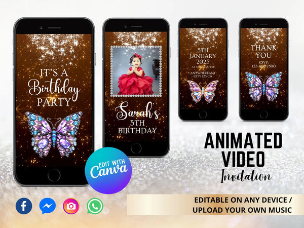 Any Text Video Invitation, Diamond Butterfly Party Invitation, Diamond Theme Party, Diamond Video, Diamond Butterfly Birthday Party