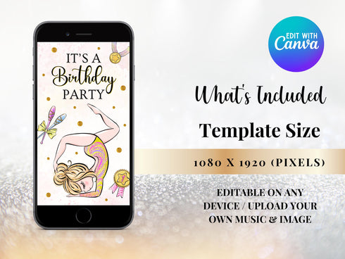 Gymnastics Birthday Video Invitation, Animated Gymnastics Party Invitation Template, Girl Gymnasts Birthday Invite, Instant Download