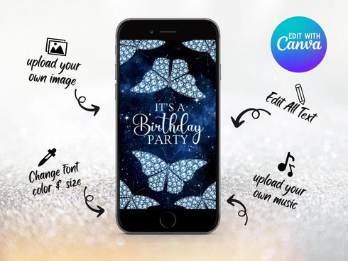 Blue Diamond Butterfly Video Invitation, Diamond Butterfly Birthday Invitation, Personalized Video Invitation, Customized Video Butterfly