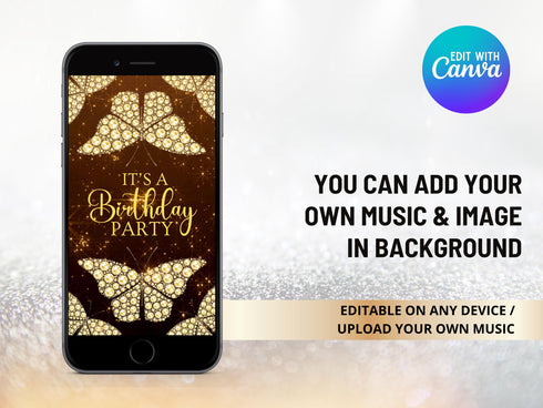 Golden Diamond Butterfly Video Invitation, Diamond Butterfly Birthday Invitation, Personalized Video Invitation, Customized Video Butterfly