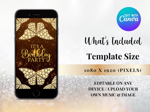Golden Diamond Butterfly Video Invitation, Diamond Butterfly Birthday Invitation, Personalized Video Invitation, Customized Video Butterfly