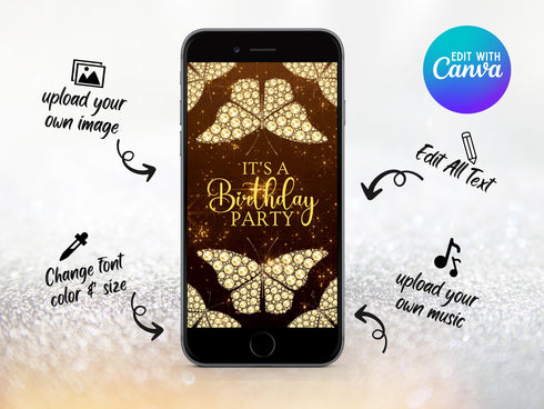 Golden Diamond Butterfly Video Invitation, Diamond Butterfly Birthday Invitation, Personalized Video Invitation, Customized Video Butterfly