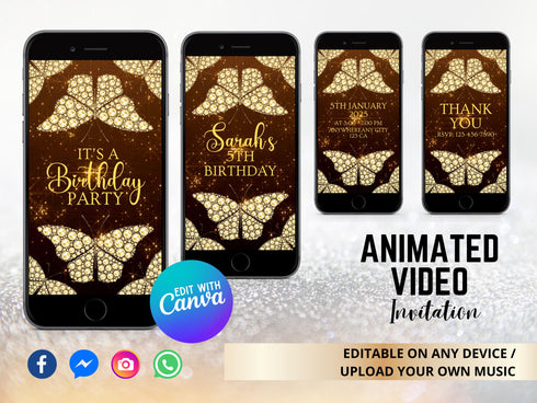 Golden Diamond Butterfly Video Invitation, Diamond Butterfly Birthday Invitation, Personalized Video Invitation, Customized Video Butterfly