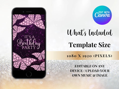 Pink Diamond Butterfly Video Invitation, Diamond Butterfly Birthday Invitation, Personalized Video Invitation, Customized Video Butterfly