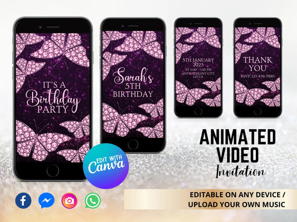 Pink Diamond Butterfly Video Invitation, Diamond Butterfly Birthday Invitation, Personalized Video Invitation, Customized Video Butterfly